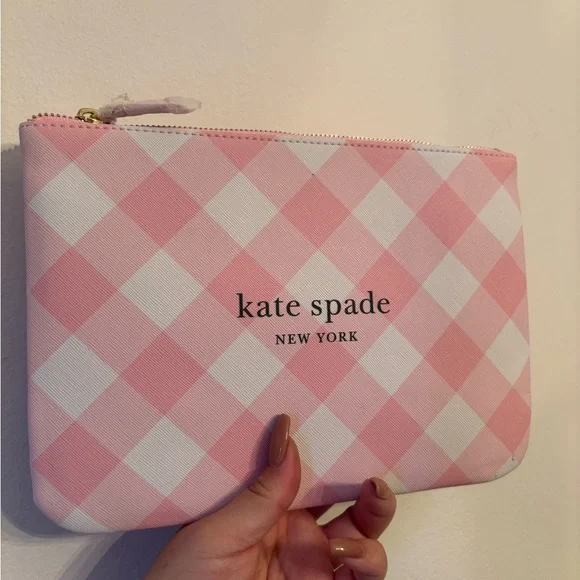 Kate Spade Pink Checkered Cosmetic Bag Mean Girl Plaid Millennial Pink Y2K - Picture 2 of 9